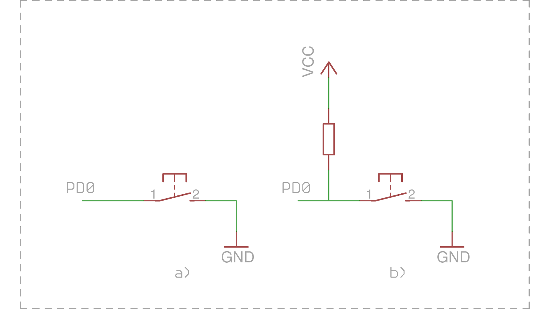  Connexion d&#39;un bouton-poussoir: a) incorrect, avec entrée flottante, b) correct, avec résistance de traction